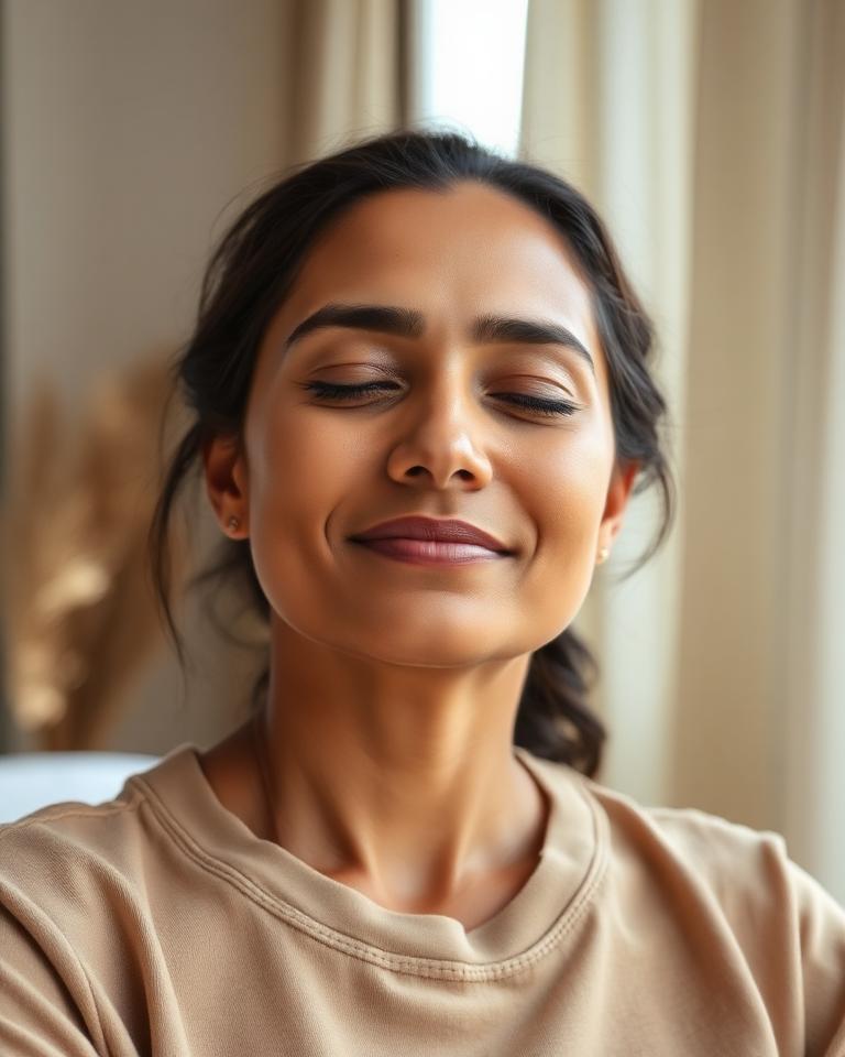 Meera resting peacefully with eyes closed
