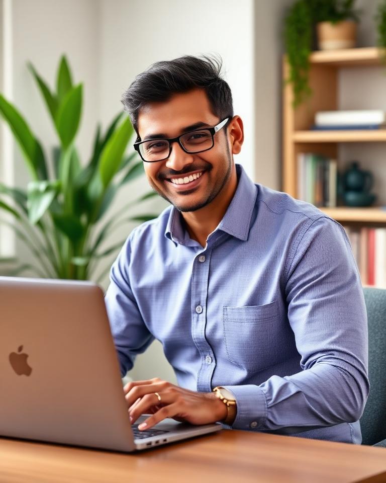 Manish working at a desk with renewed energy